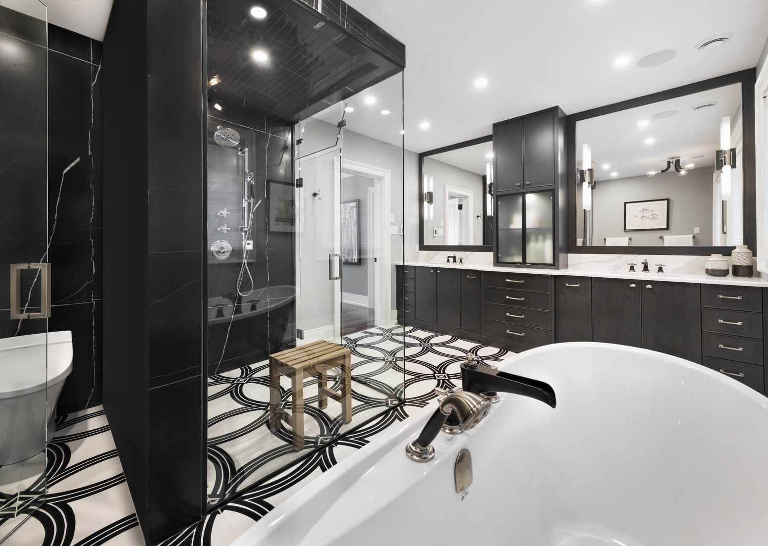 Amsted Design-Build StyleHaus Interiors Irpinia Kitchens black-and-white ensuite steam shower geometric tile