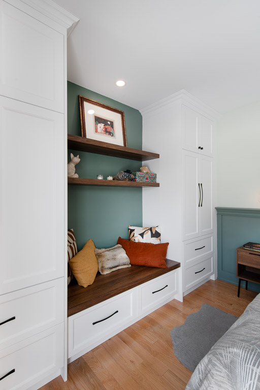 Bedroom renovation featuring cohesive finishes and built-in millwork